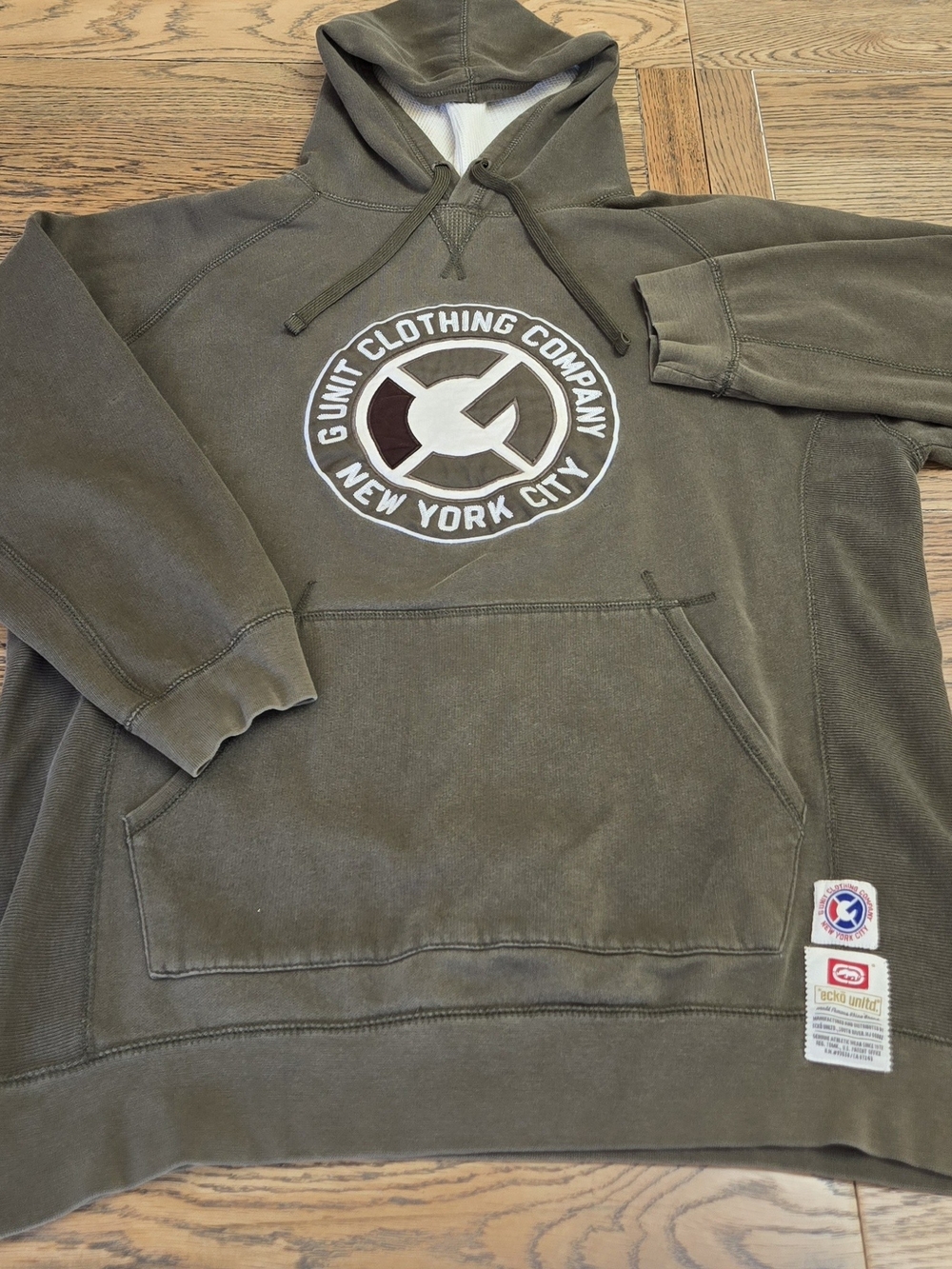 VTG G-Unit Clothing Co Hoodie Size L Olive Green Heavyweight Fleece Y2K Hip Hop